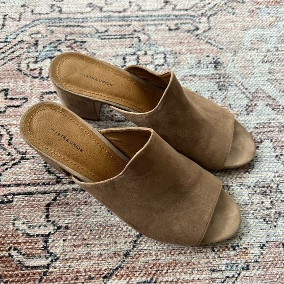 14th & Union Slip On Taupe Open Toe Block Heel Sandal Women's Size 8.5M - Picture 2 of 8